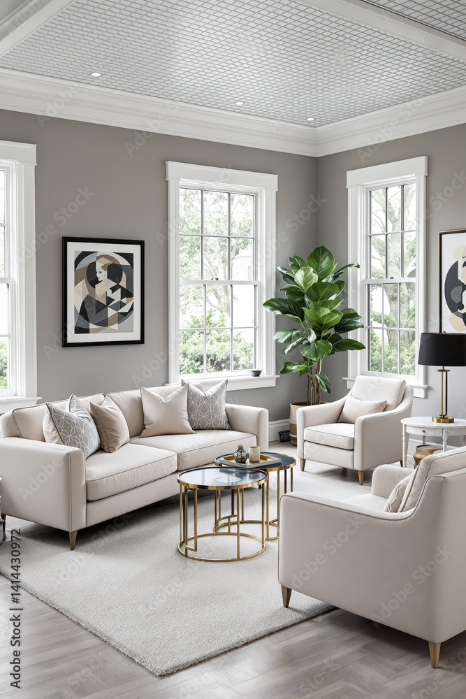 Fototapeta premium elegant contemporary living room with cream sofas gold coffee tables and natural light