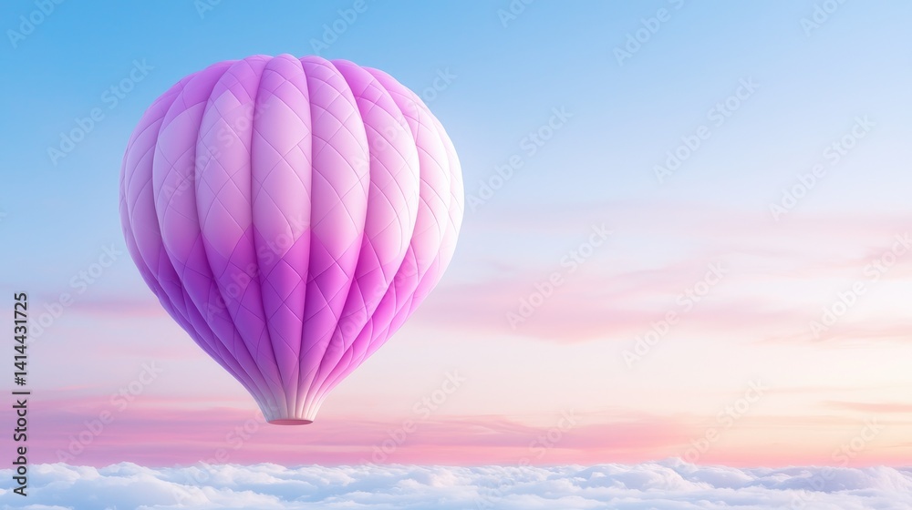 Obraz premium Pastel purple hot air balloon soaring sunrise sky dreamy peaceful travel adventure
