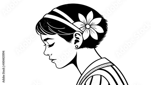 Retro Black and White Line Art Portrait of Woman with Flower Headband Looking Down