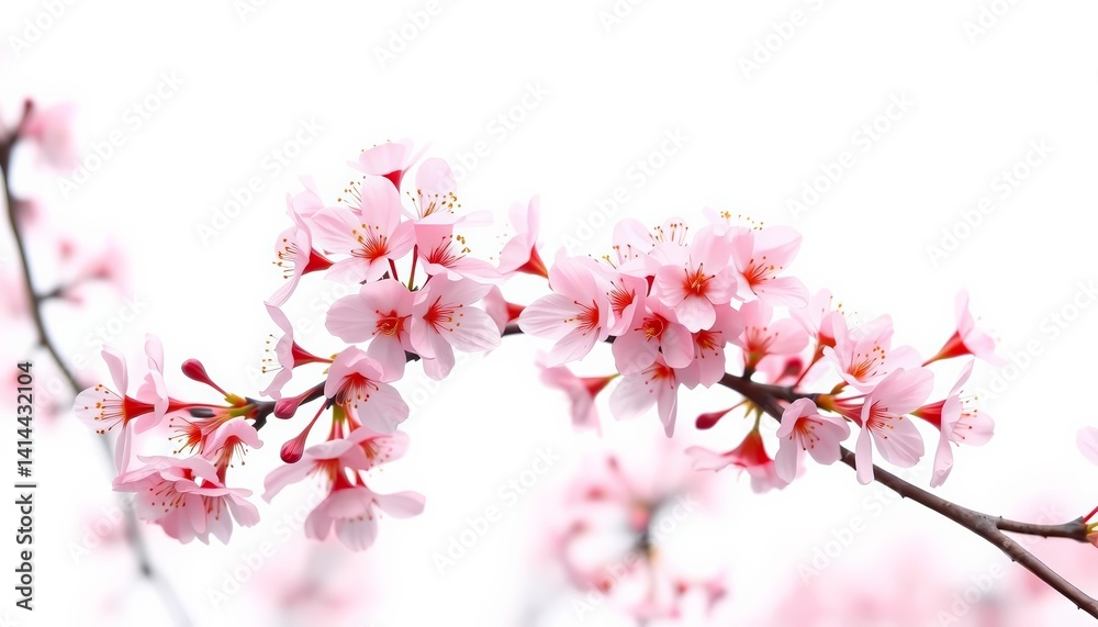 Delicate pink cherry blossom branch, blossoms in full bloom against a pure white background, bloom, delicate Delicate pink cherry blossom branch, blossoms in full bloom against a pure white background, bloom, delicate