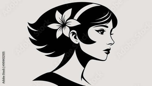 Elegant Black and White Woman Profile Silhouette with Flower in Hair