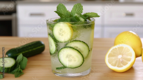 Refreshing mint detox drink with cucumber and lemon Generative AI