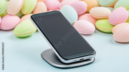 A modern smartphone displayed on a sleek stand with a gratitude-themed backdrop of soft pastel colors