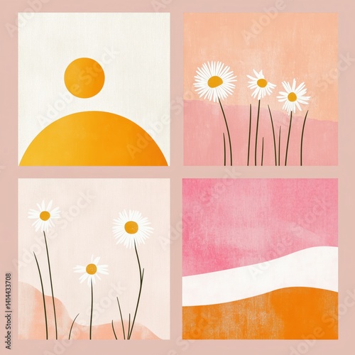Minimalist boho clipart set of 4 square illustrations with daisies, abstract sun, and colorful landscape in pink, orange and cream tones. Perfect for wall art, cards or prints