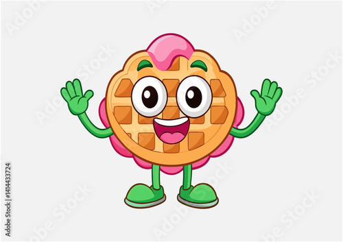 Cartoon illustration of a waffle with a happy face