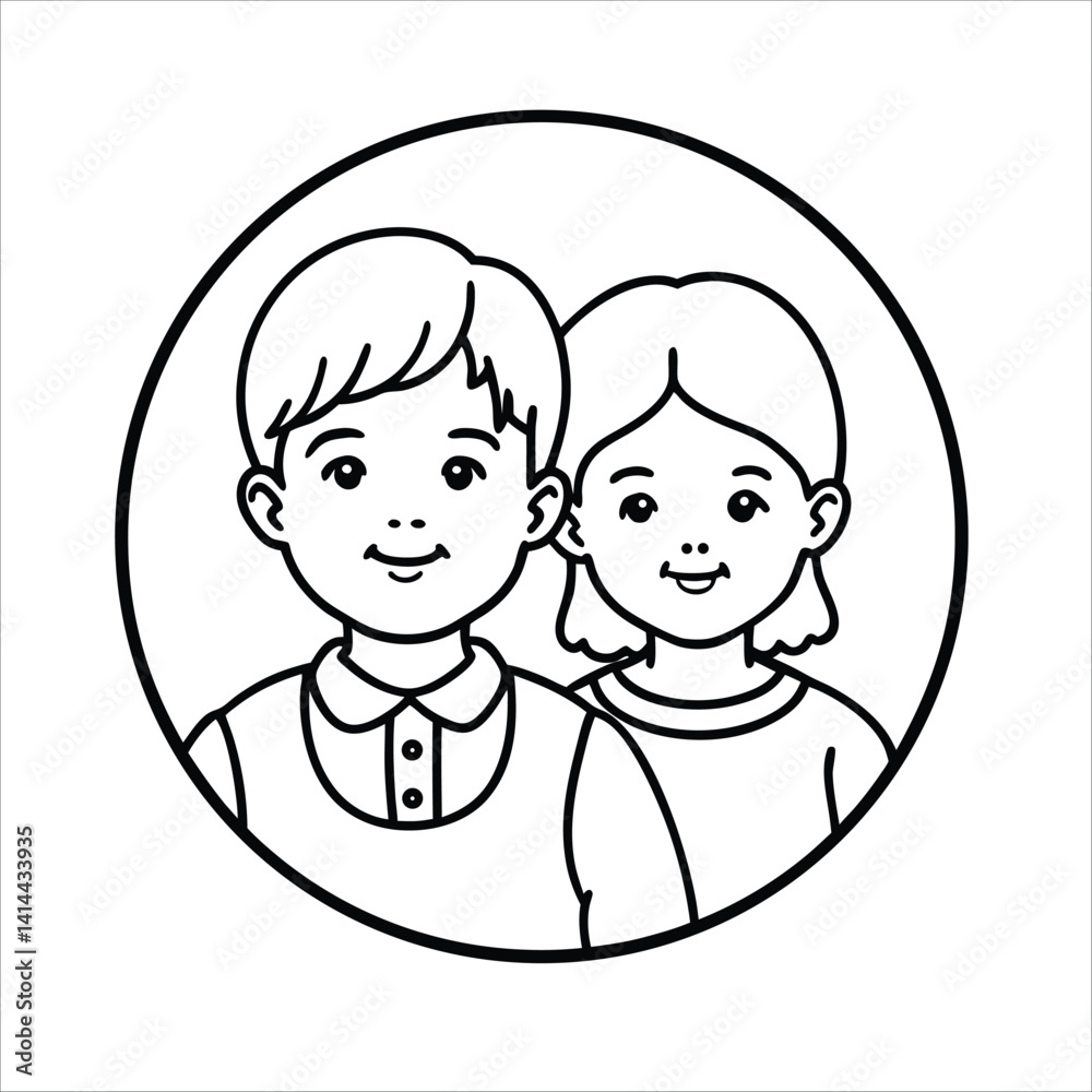 Black and White Illustration of Two Smiling Children in a Circle Black and White Illustration of Two Smiling Children in a Circle