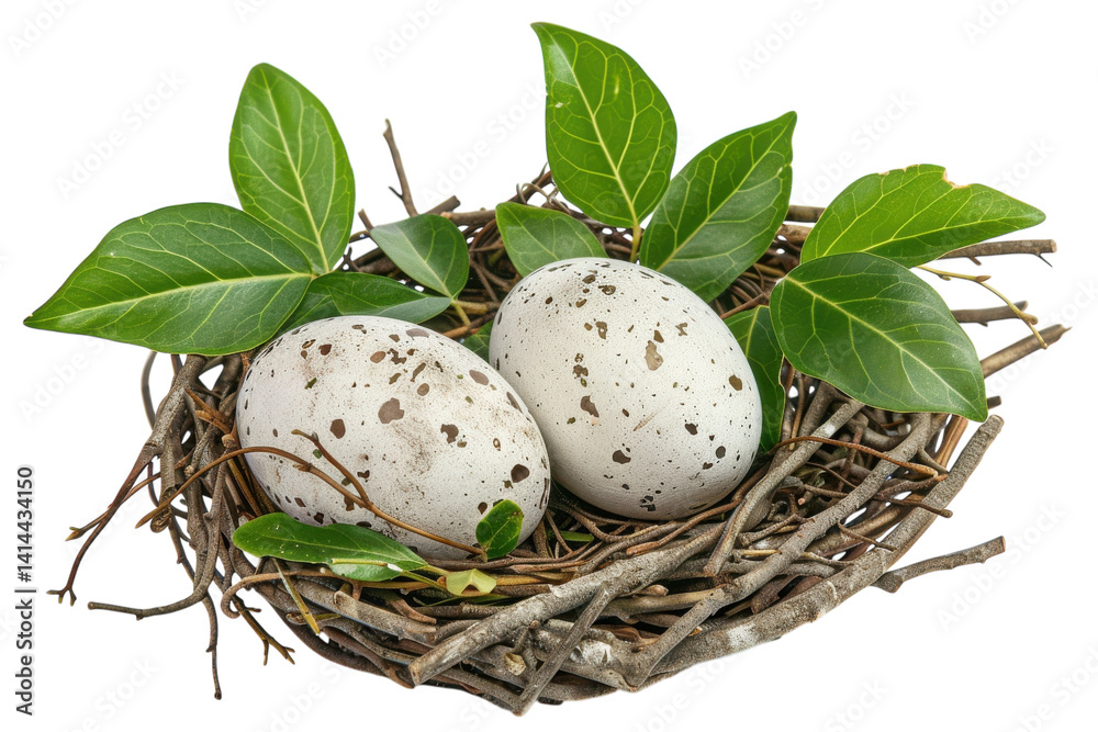 A cozy nest cradling speckled eggs surrounded by vibrant green leaves in natural harmony A cozy nest cradling speckled eggs surrounded by vibrant green leaves in natural harmony