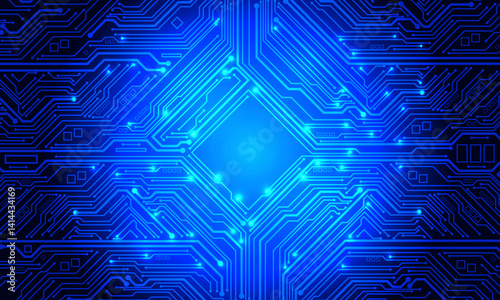 Abstract blue circuit board technology connected lines electronics elements computer motherboard chip processor semiconductor digital background vector