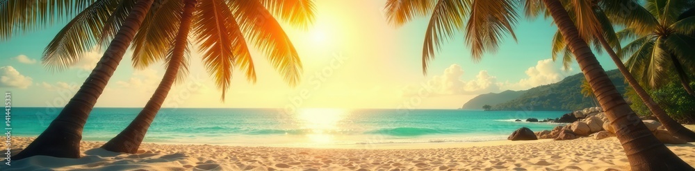 Fototapeta premium Sun-drenched beach, vintage palm trees, film grain , coconut palm, paradise, serene
