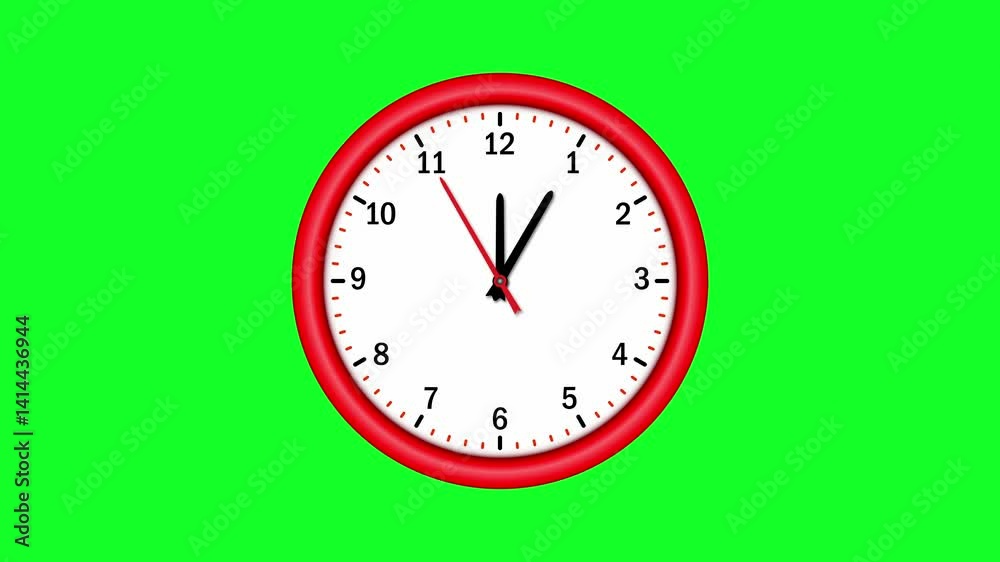 A red clock with a green background. The clock shows the 60-minute cycle from 12:00 to 1:00.
A video with clock animation, 4K resolution.