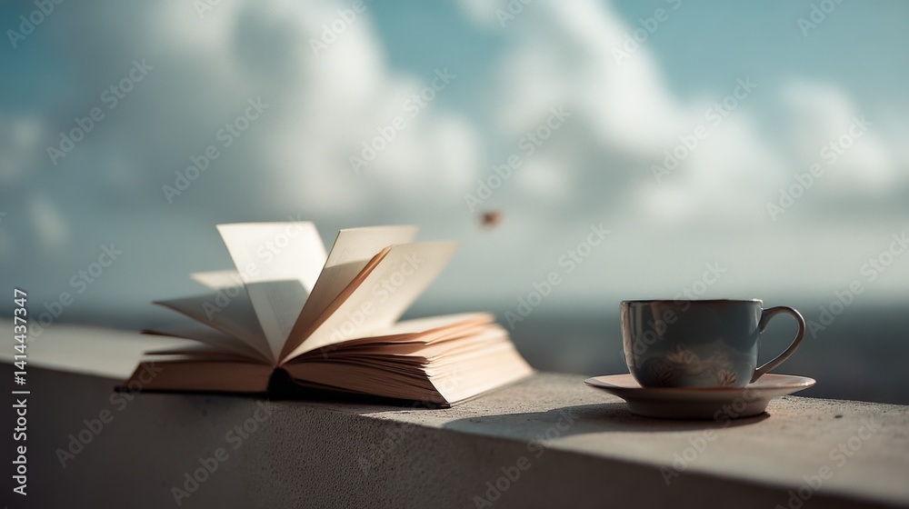 A gentle breeze flips a book’s pages near a steaming cup, offering peaceful reading under expansive skies. A gentle breeze flips a book’s pages near a steaming cup, offering peaceful reading under expansive skies.