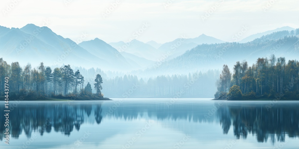 Serene mountain lake landscape with misty reflections and autumn foliage Serene mountain lake landscape with misty reflections and autumn foliage