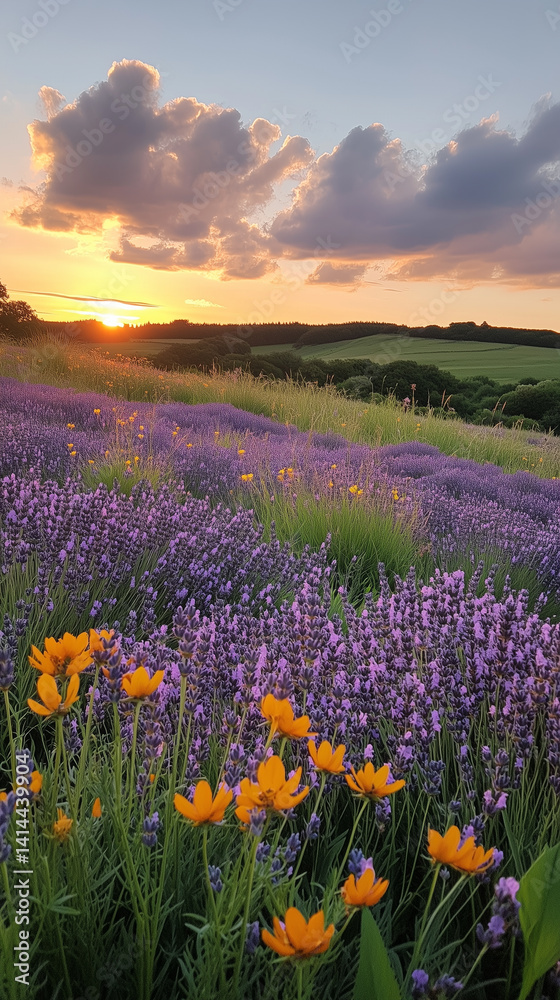 Fototapeta premium A breathtaking field of vibrant flowers bathed in the warm glow of a sunset. The landscape features a rolling hill and dramatic cloud formations, creating a scene of beauty