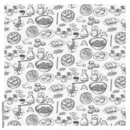 Chinese food doodle aesthetic element seamless pattern
