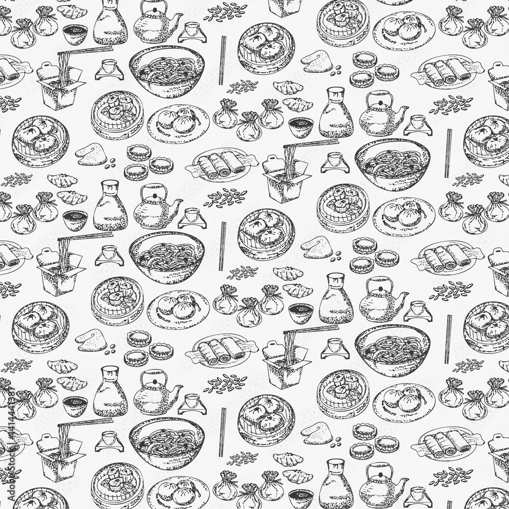Chinese food doodle aesthetic element seamless pattern Chinese food doodle aesthetic element seamless pattern
