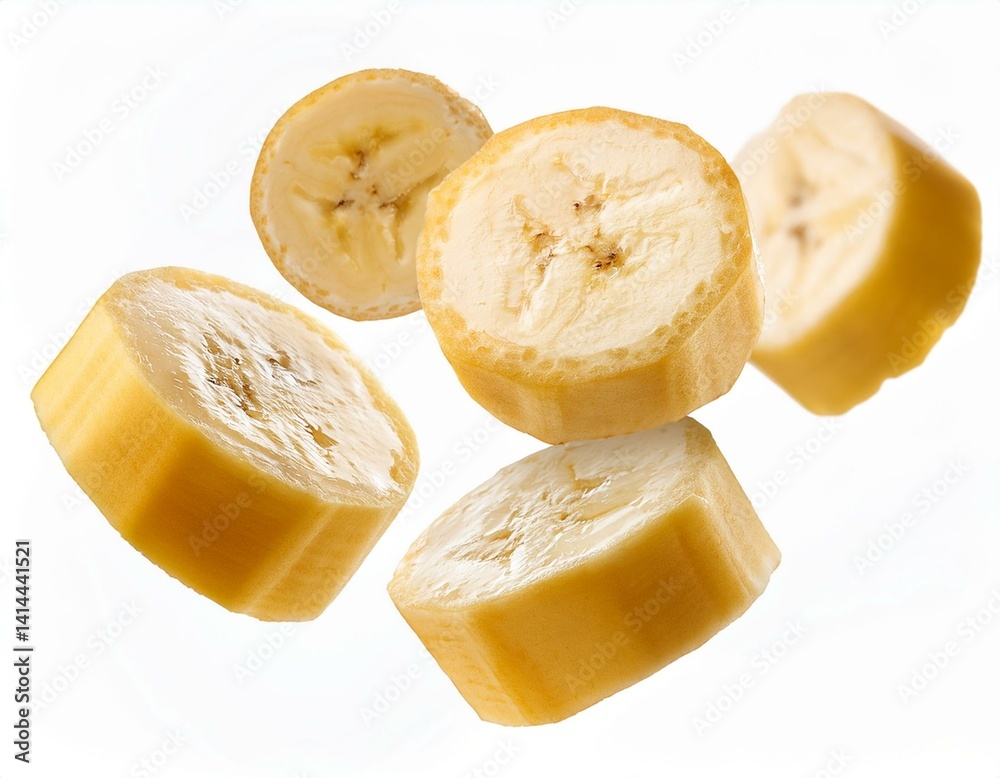 Fresh delicious banana slices in air with splash and white background Fresh delicious banana slices in air with splash and white background