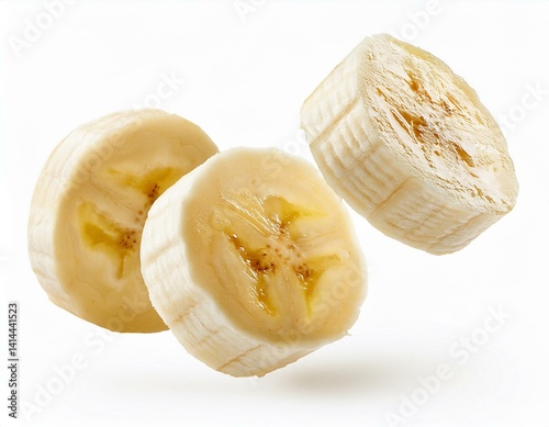 Fresh delicious banana slices in air with splash and white background