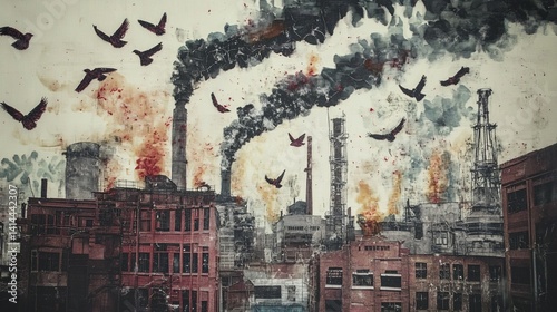 Industrial buildings emit smoke into the air birds fly above pollution.