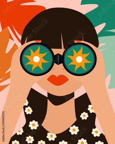 girl with flowers, A girl with big scarlet lips looks through binoculars in which the sun is visible, we look out for summer, look into the distance. beautiful girl, poster. cover wallpaper
