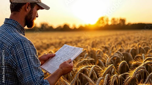 Farmer Reading Newspaper at Golden Hour in Wheat Field Landscape