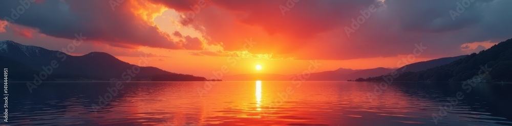 Fototapeta premium Fiery sunrise paints the sky, casting long shadows on the tranquil water , calm, atmosphere, photo