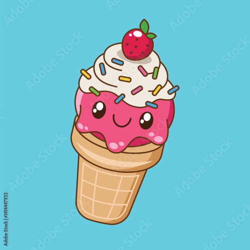 Hand drawn cute kawaii strawberry ice cream cartoon illustration