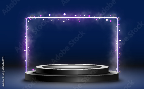 Futuristic glowing podium with neon light, purple background, fog and particles, modern empty scene for product display.
