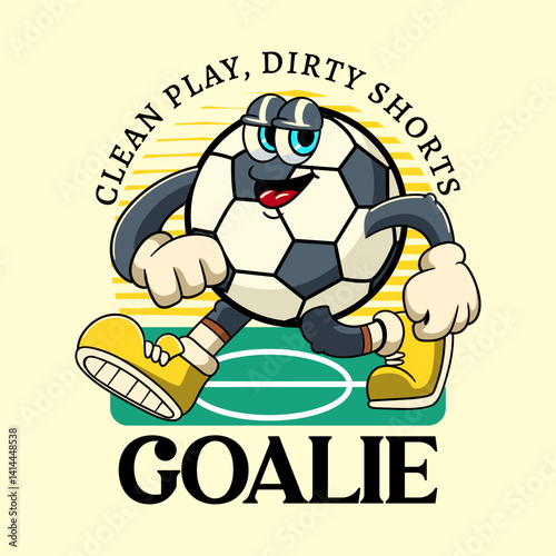 Cartoon soccer ball character with gloves and cleats struts proudly and sporty design perfect for football lovers.