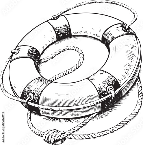 Rescue buoy Live Line Inflatable Black and White Vector Illustration, Sketch Drawing Line Linear Symbol Icon Engraving, Hand-drawn Isolated