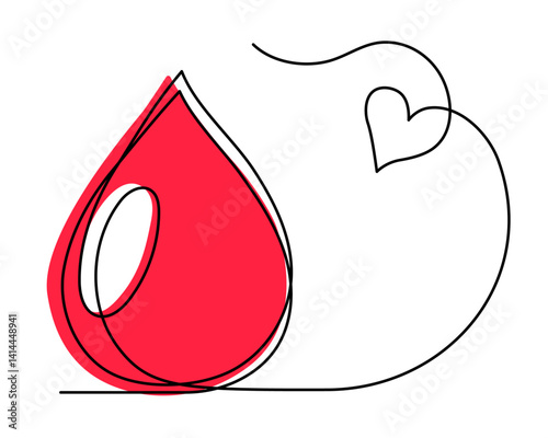 World Blood Donor Day one line art, giant droplet continuous contour drawing safe life, voluntary donation transfusion symbol human kindness, dedicated to medical charity 14 June. Editable stroke.