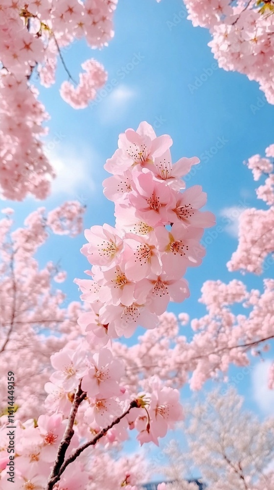 Blossoming cherry trees create a beautiful spectacle of soft pink flowers against a clear blue sky, symbolizing spring and renewal in nature, perfect for serene landscapes. Blossoming cherry trees create a beautiful spectacle of soft pink flowers against a clear blue sky, symbolizing spring and renewal in nature, perfect for serene landscapes.