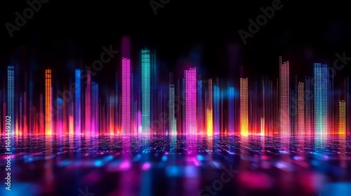 Digital Symphony  A mesmerizing abstract composition of vibrant  vertical neon light beams illuminate a mirrored floor.