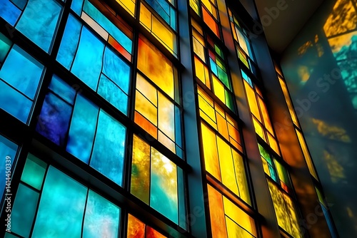 Architectural Stained Glass Feature with Bold Black Lines. photo