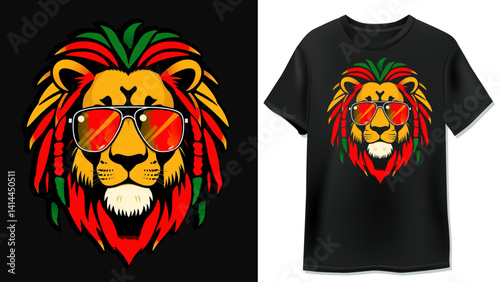 t shirt design with colorful lion rastafari