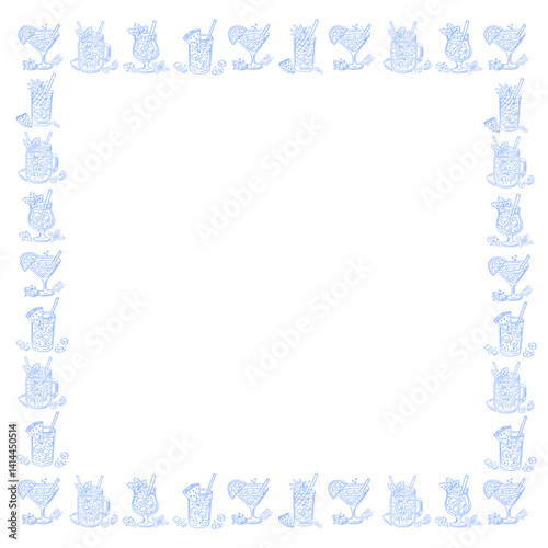 Vector frame with hand drawn blue cocktail glasses in square composition. Tropical summer drinks with 