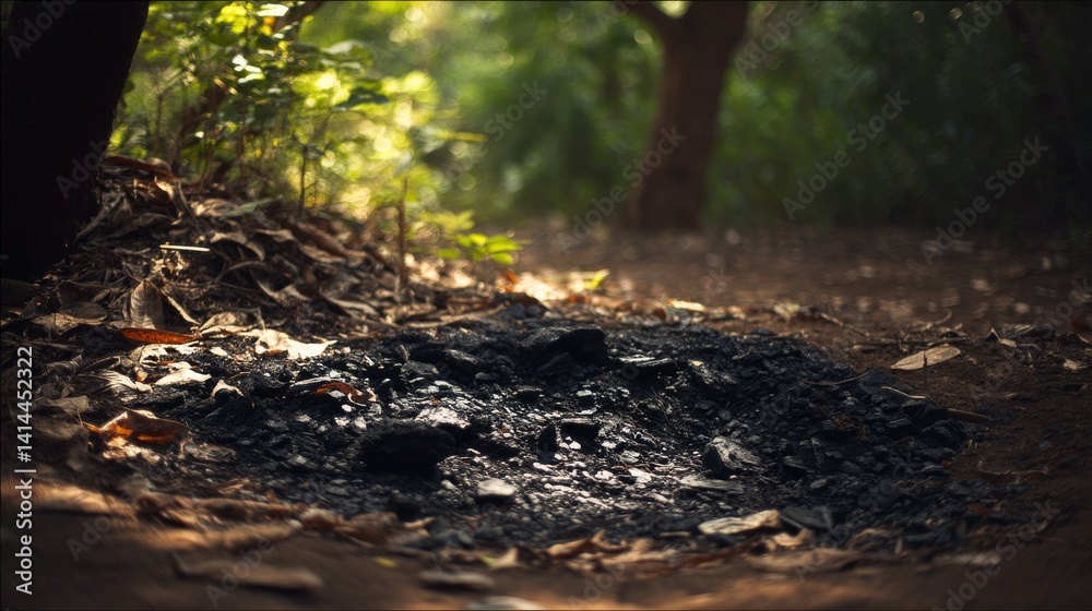 A serene patch of charred earth sits beneath trees, surrounded by lush greenery, hinting at the aftermath of a campfire. A serene patch of charred earth sits beneath trees, surrounded by lush greenery, hinting at the aftermath of a campfire.