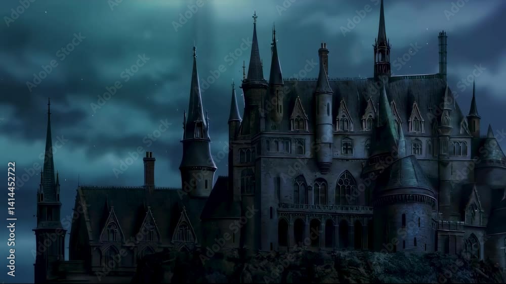 Historical fortress with pointed architectural elements emerging from misty twilight, evoking medieval fantasy narrative and mysterious noble residence in atmospheric setting