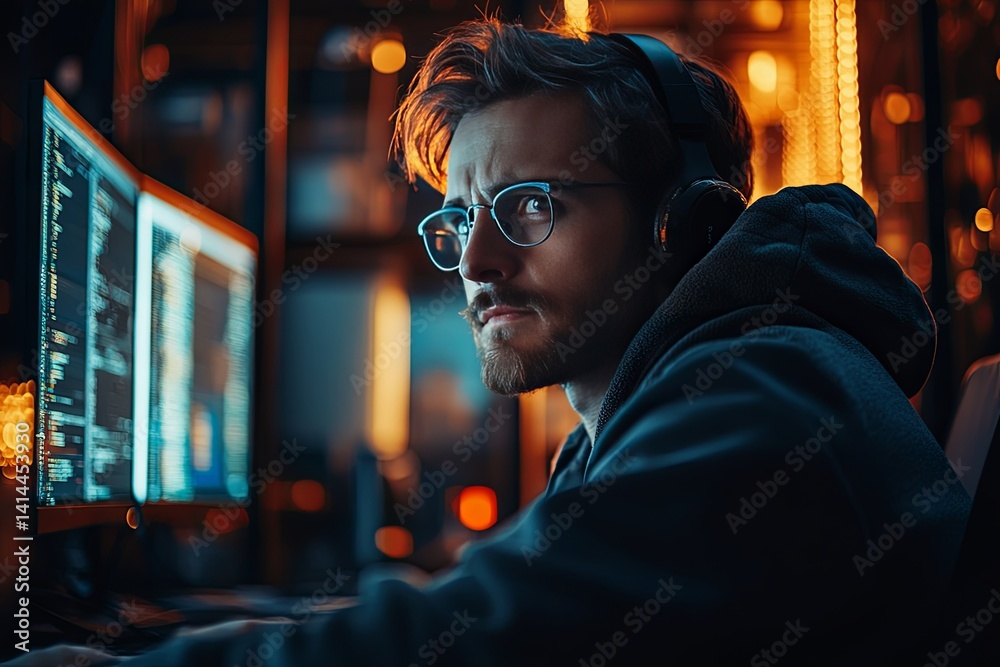 A man looking intently at a computer screen wearing headphones A man looking intently at a computer screen wearing headphones