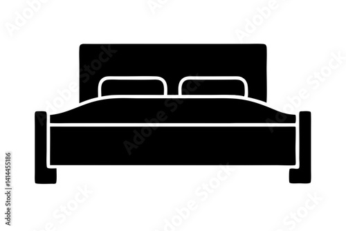 Black Silhouette Illustration Of A Double Bed With Pillows And A Headboard Isolated On A White Background, bed, bedroom, furniture, double bed, king size bed, illustration, silhouette, cutout