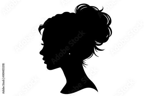 Elegant Woman Silhouette With Bun Hairstyle Profile View Minimalist Black And White Vector Illustration Isolated On White Background, woman silhouette, profile view, face, elegant, hairstyle, bun