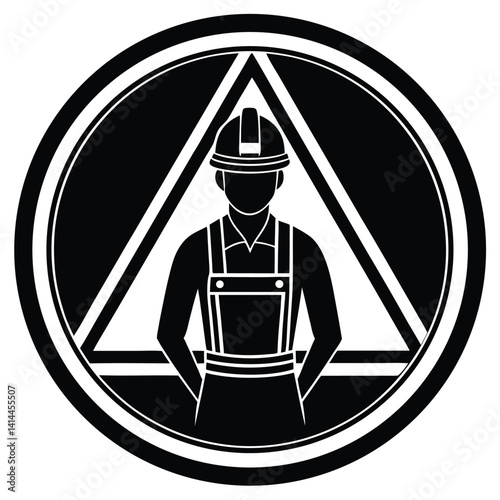 Black and White Construction Worker Silhouette Inside Triangle and Circle Logo