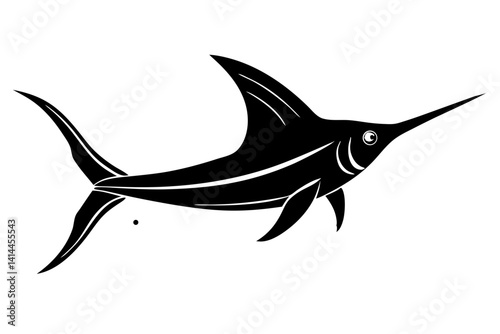 Striking Black And White Silhouette Illustration Of A Majestic Swordfish Swimming Gracefully In The Ocean Depths, swordfish, black and white, illustration, silhouette, vector, fish, sea, ocean, marine