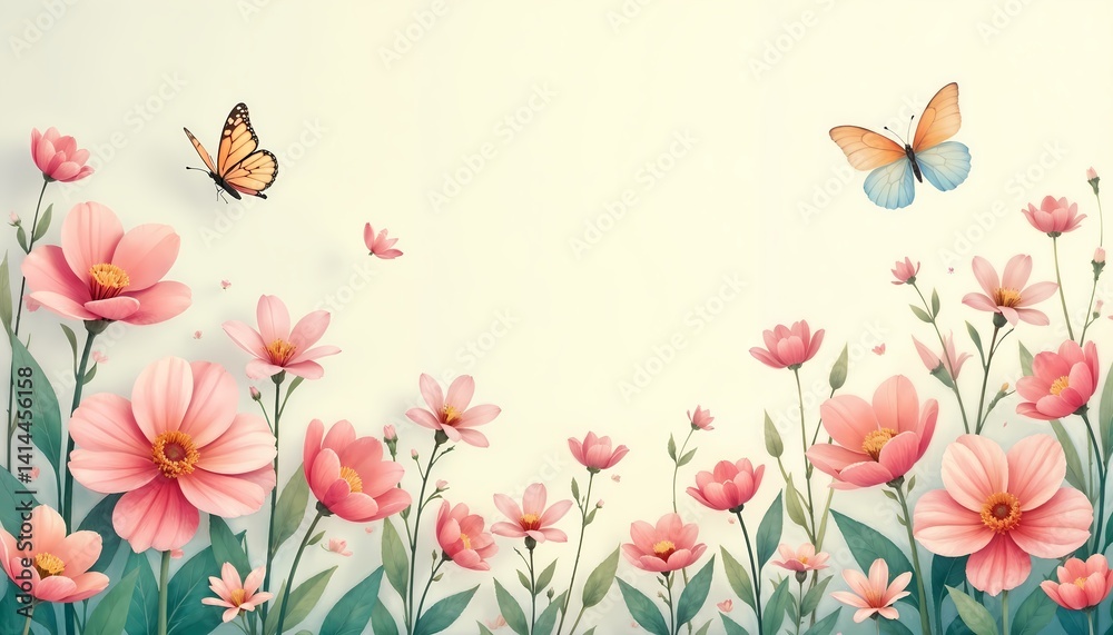 Serene Scene of Pink Flowers with Butterflies Above. 