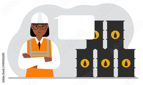 Oil barrels and a smiling oilman. Oil industry and worker or engineer in special clothes and helmet.