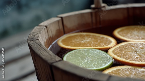 Citrus slices leisurely arranged in a rustic wooden tub, basking in natural light, showcasing their vibrant hues and fresh appeal.