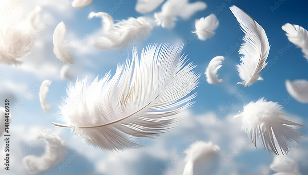 A serene sky filled with soft, drifting white feathers, capturing the essence of tranquility and lightness amidst a bright blue background. A serene sky filled with soft, drifting white feathers, capturing the essence of tranquility and lightness amidst a bright blue background.