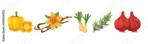 A diverse assortment of fresh culinary ingredients, including bell peppers, vanilla beans with flower, lemongrass, rosemary sprigs, and red onions. Perfect for culinary projects and educational.