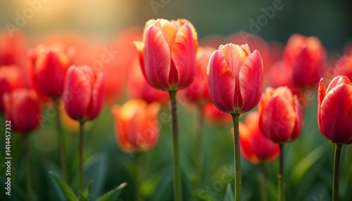 Close-Up of Vibrant Red Tulips in Sunlit Field. 
