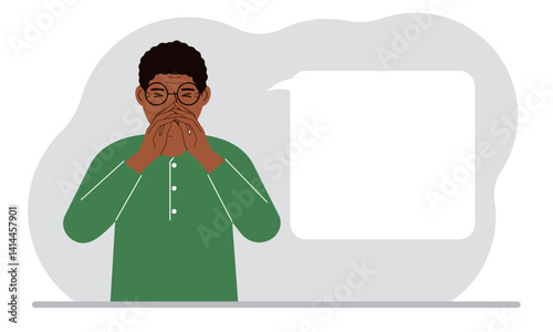 The man covers his nose with his hands. The concept of a sick person, sneezes, seasonal allergies, bad smell.