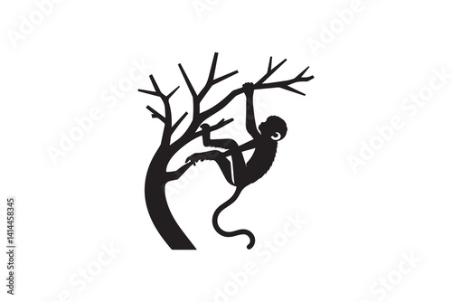 A monkey hanging on a tree vector silhouette isolated in white background 